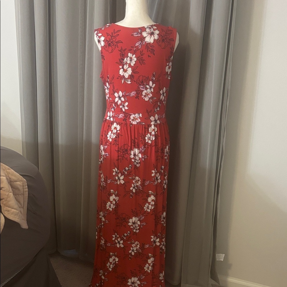 41 Hawthorn Red Floral Midi Dress Size L Sleeveless V Neck Faux Wrap - Picture 6 of 9